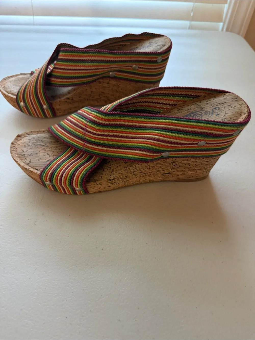 Lucky Brand Multicolor Striped Wedge Sandals with Pink Trim